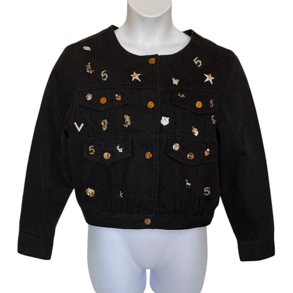 Oo La La Black Denim Embellished Collarless "Charm" Jacket Whimsy Bling size L - Picture 4 of 16